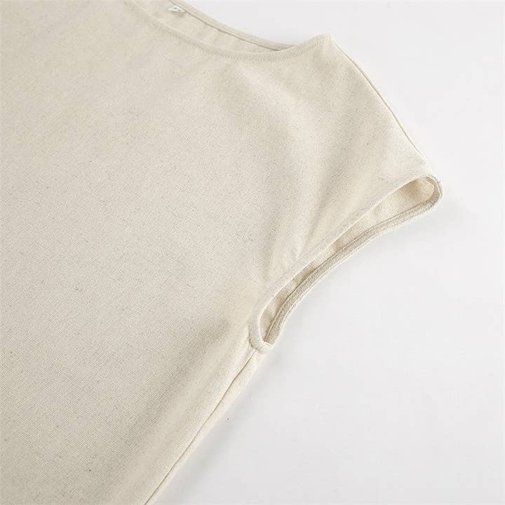 KHAKI Short Sleeve Cotton Linen Pajama Set with Solid Color for wholesale on Faire7