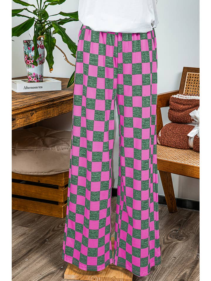 fashionworks - Wholesale Pants - Women's - Fashion-W 2-Tone Checked Print High Waist Wide Leg Pants
