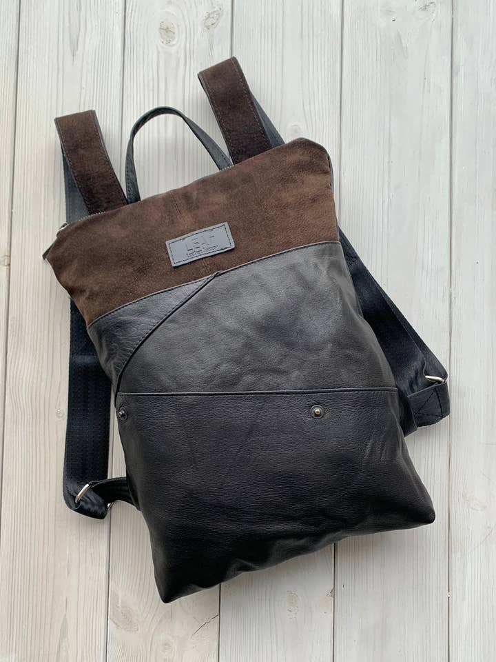 One Of A Kind Black Leather Backpack Made From Upcycled for wholesale by LeaF