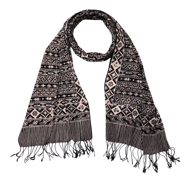 Hand Dyed Batik Scarf, 100% Cotton Fabric, Black White, Geometric for wholesale by Kasih Co-op