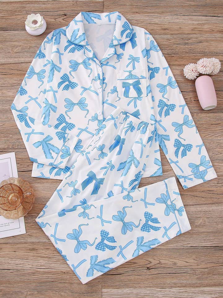 Cozy & Soft Cute Bow Print Long Sleeve Pajama Set for wholesale by Rosa Clothing