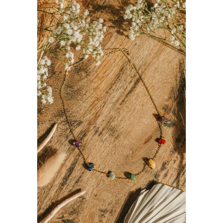 Xander Kostroma – wholesale Link & chain necklace – Gold Tone 7 Chakra Raw Stone Crystal Necklace2
