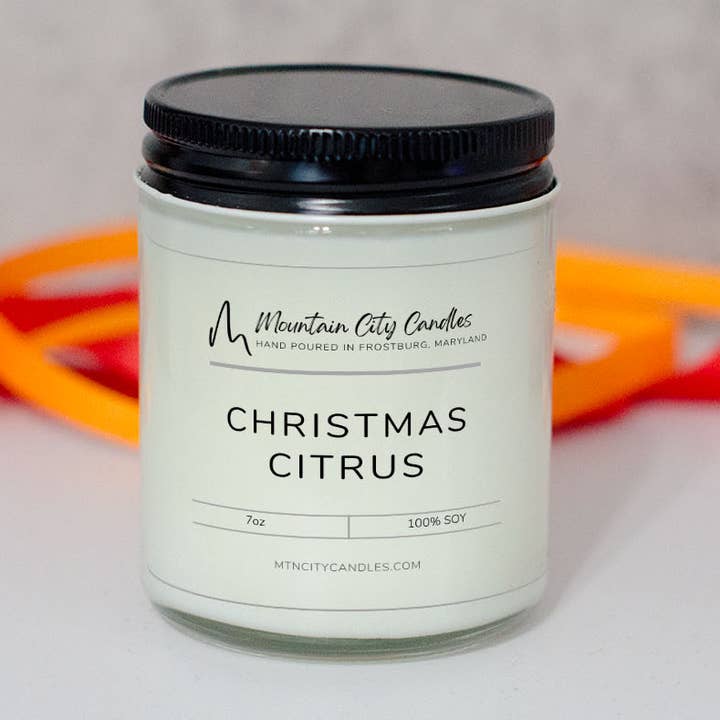 Candele e fondenti in cera di soia profumate agli agrumi natalizi per la vendita all'ingrosso da parte di Mountain City Candles