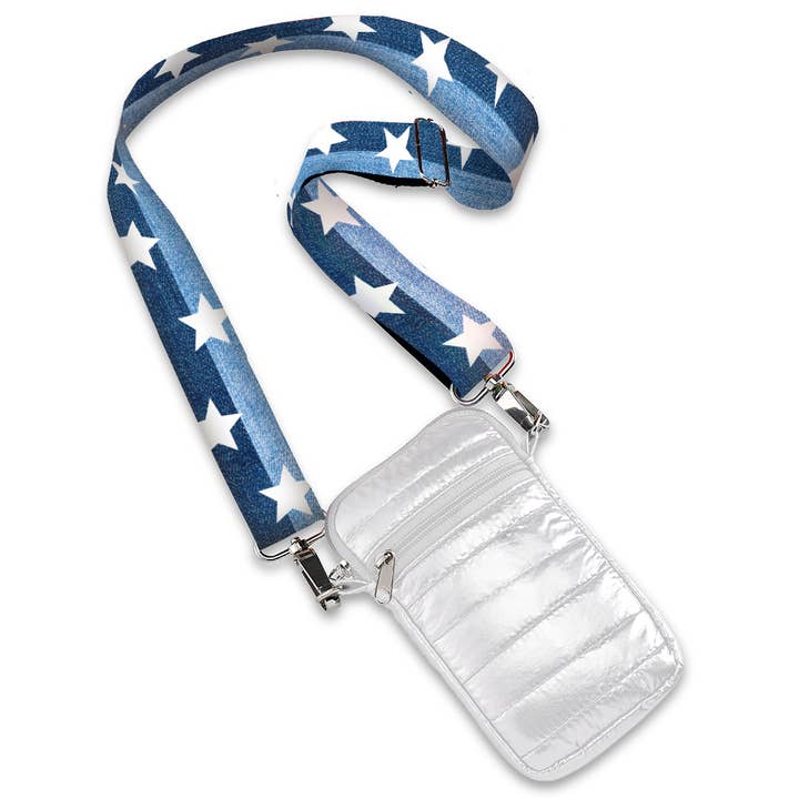 White Puffer Crossbody Cell Bag Denim Split Star Straps for wholesale by Top Trenz Inc