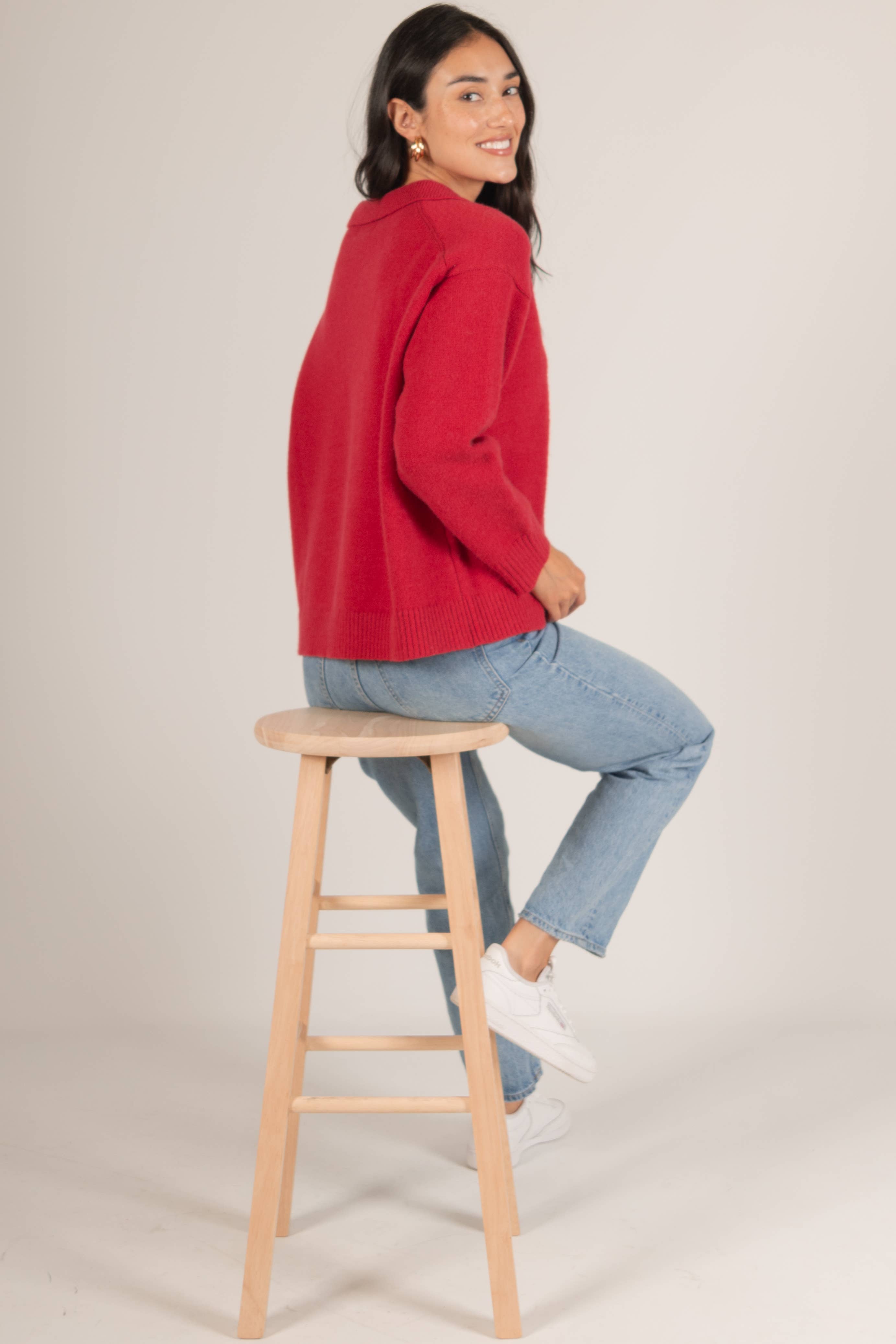 Dark Raspberry Knit Collared V Neck Ribbed Border Sweater Top	 for wholesale on Faire13