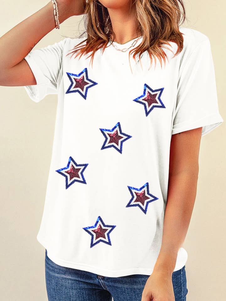 White Sequin Star Tee for wholesale on Faire