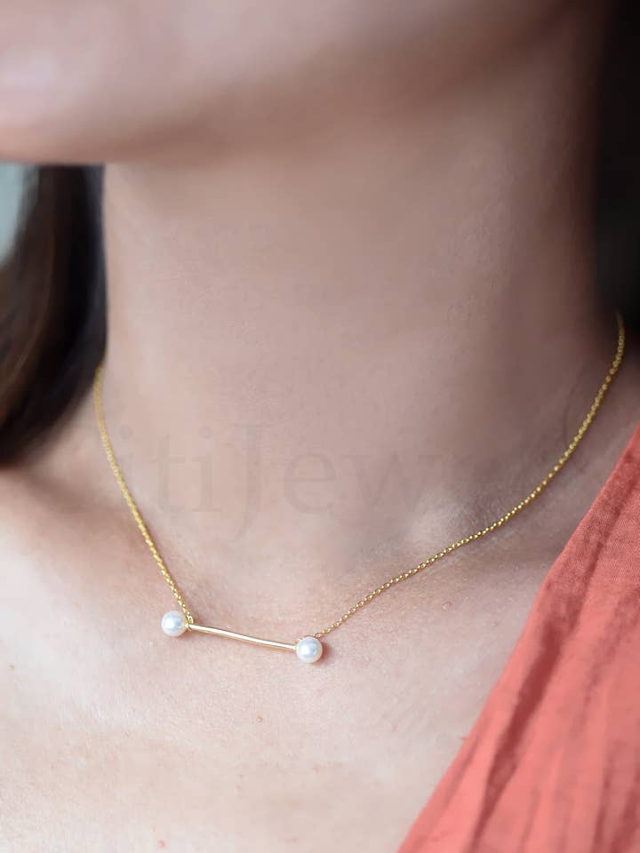 925 Silver Double Shell Pearl Bar Necklace, 16"+2" Extension for wholesale by FELIX Z DESIGNS