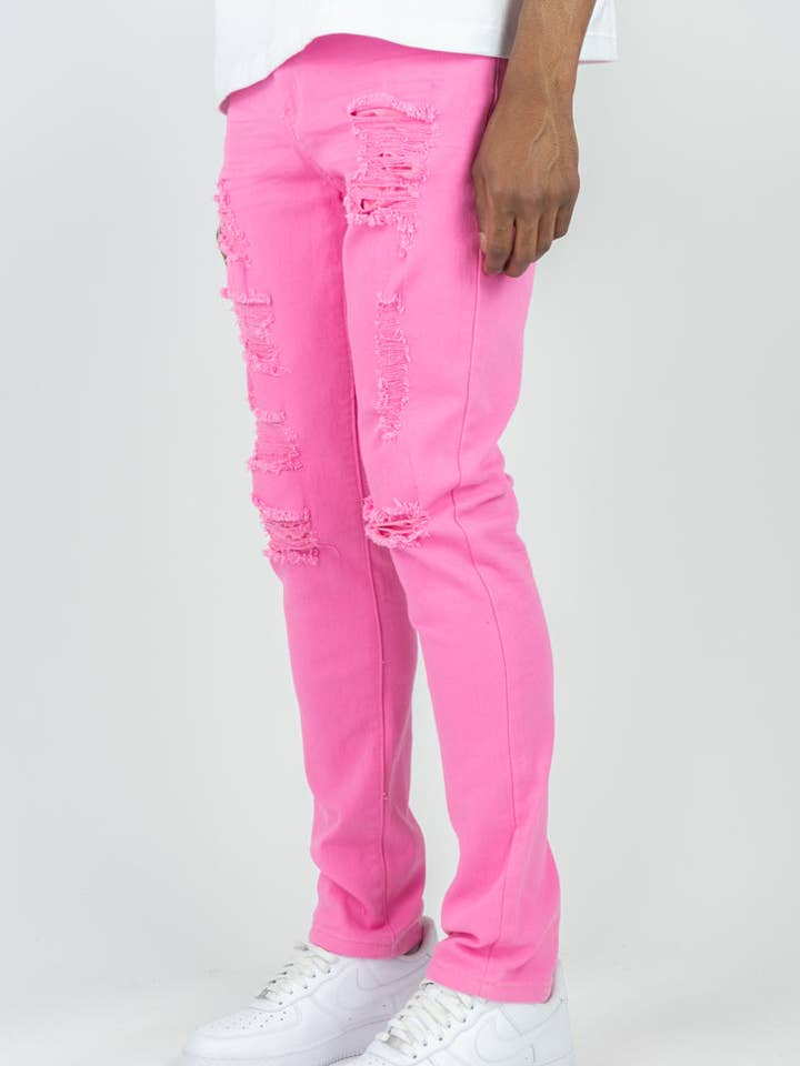 Pantaloni Skinny Strappati in Twill Colorato 620 - Rosa per la vendita all'ingrosso da parte di Rebel Minds