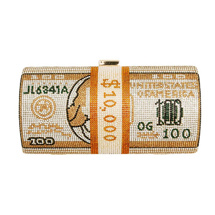 Gold Bling Rolled Benjamins Clutch for wholesale on Faire
