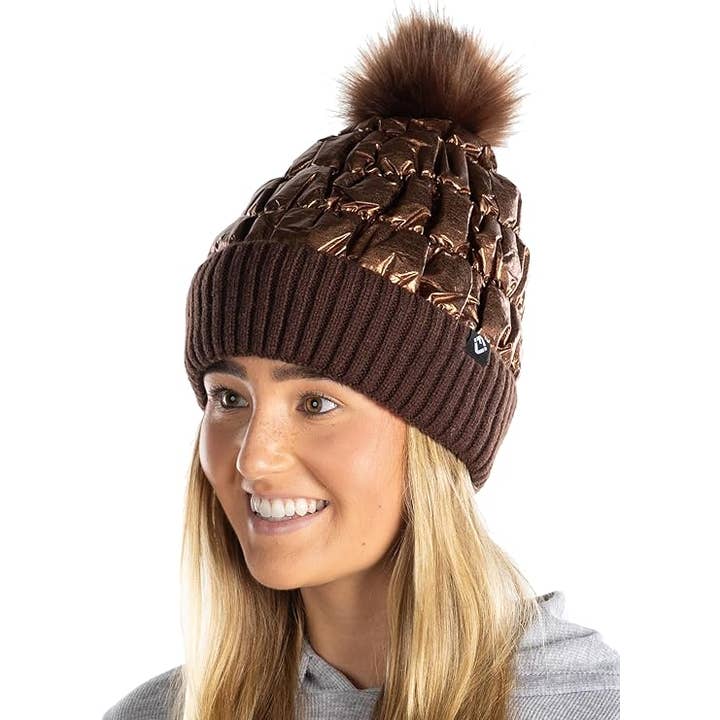 Funky Junque - Wholesale Beanie - Women's - Puffer Faux Fur Pom Beanie - Bronze