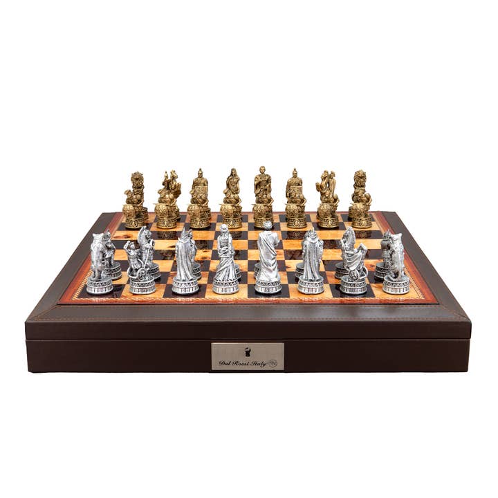 Roman Chessmen with Brown PU Leather Chess Box for wholesale by Dal Rossi Italy