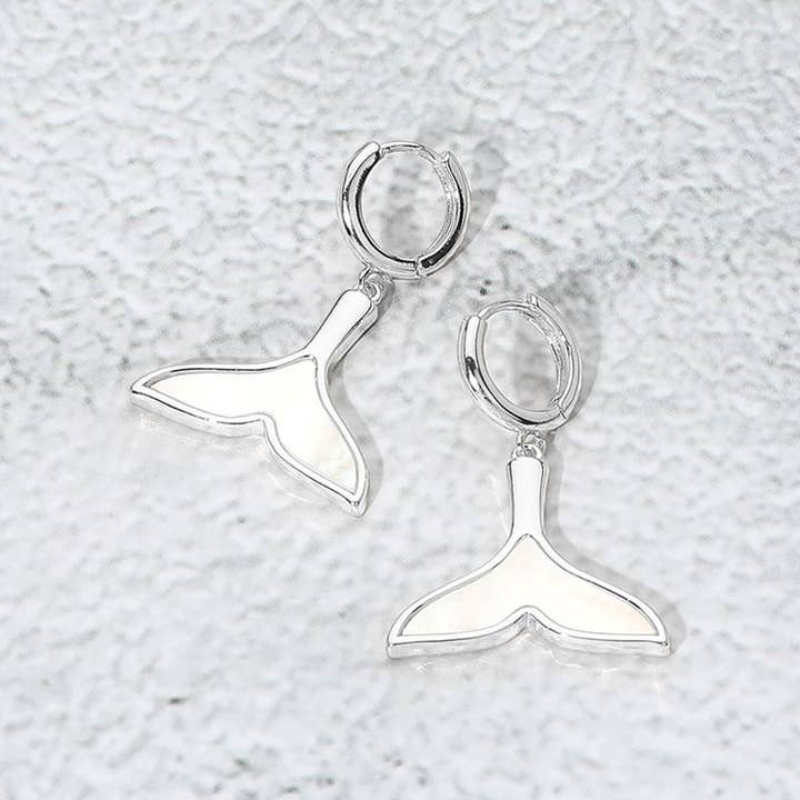Sensibling Corp. - Wholesale Huggie Earrings - Mother of Pearl Inlay Whale Tale Dangle Earrings2