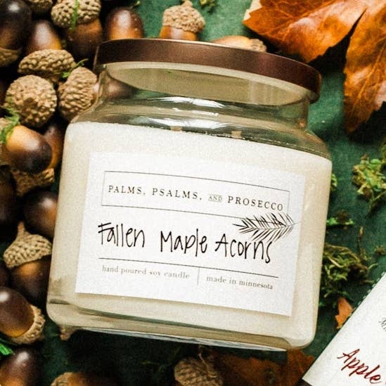 Fallen Maple Acorns Soy Candle for wholesale by Palms, Psalms, & Prosecco