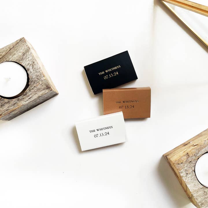 Custom Text Foil Embossed Matchbox | Smaller, All-Caps Font and other Purchase Wholesale houten kaarthouder. Free Returns & Net 60 Terms on Faire trending on Faire.