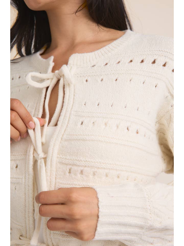 White FRONT TIES LONG SLEEVE OPEN KNIT SWEATER CARDIGAN for wholesale on Faire