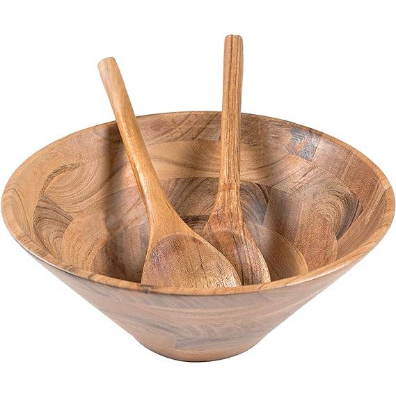 Tigela artesanal em madeira de acácia indiana com servidores, acabamento natural - 12" x 5" por atacado de India Wholesale Co