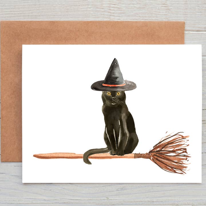 Tarjeta de Halloween de gato en escoba para venta al por mayor de Cyndi and Sofi Designs