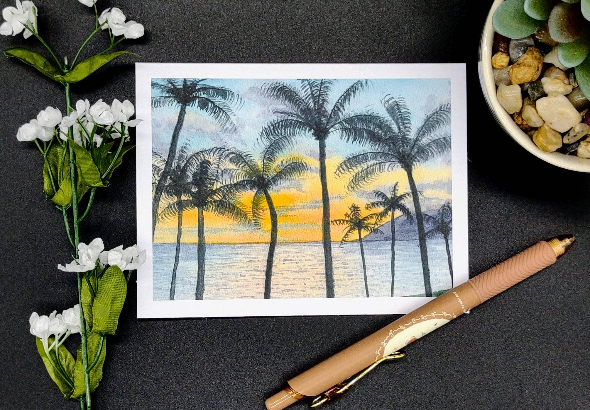 Kathryn Paul Fine Art - Wholesale Stationery/Notecard Set - Tropical Watercolor Notecard Set with Beach and Palm Trees3