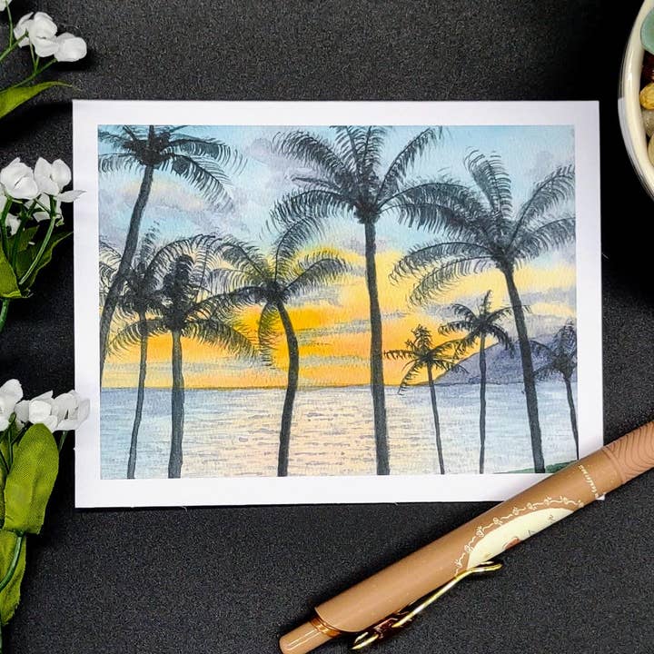 Kathryn Paul Fine Art - Wholesale Stationery/Notecard Set - Tropical Watercolor Notecard Set with Beach and Palm Trees3