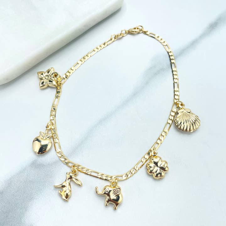 DIJU Jewelry - Wholesale Anklet - 18k Gold Filled 3mm Figaro Chain Anklet with Dangle Charms, Butterfly, Bunny, Apple, Elephant, Clover & Shell, Wholesale Jewelry Supplies3