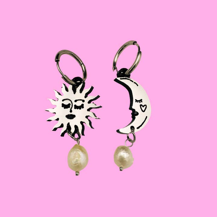 Sun and Moon Pearl Drop Earrings- Silver for wholesale by dconstruct
