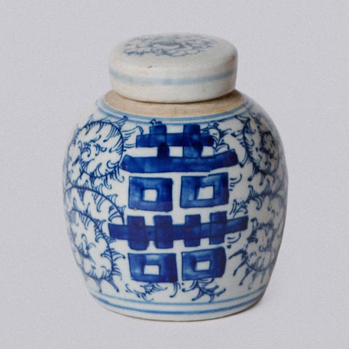 Cobalt Guild – Engroshandel Pyntekrukke – Blå og hvid porcelæn Mini Double Happiness rund krukke0