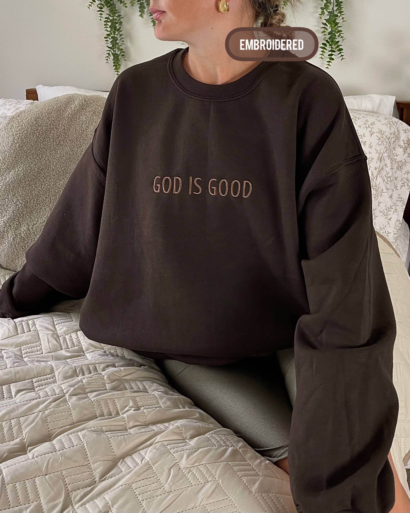 Buleana Boutique and Textiles LLC - Wholesale Graphic Sweatshirt - Unisex - Tone to Tone Custom Embroidered Crewneck God is good Sweater2