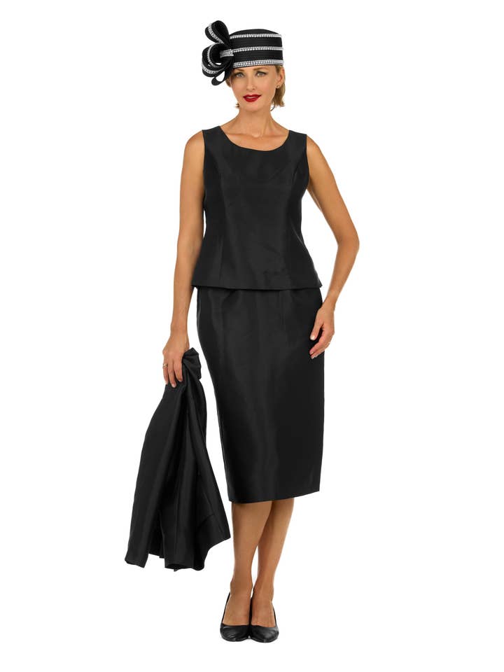 Giovanna - Vendita all'ingrosso Completo - Donna - Completo 3 pezzi in raso senza colletto con giacca peplo e gonna - Taglie forti