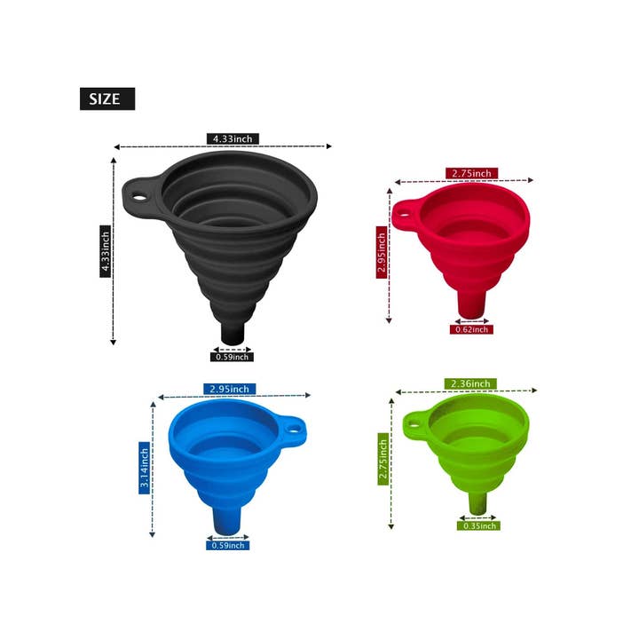 Vigor Path – Großhandel Trichter – Satz von 4 zusammenklappbaren Silikon-Küchentrichtern - von sehr klein bis groß für einfachen Flüssigkeitstransfer, lebensmittelechte zusammenklappbare Silikonutensilien (Sortimentspackung)3
