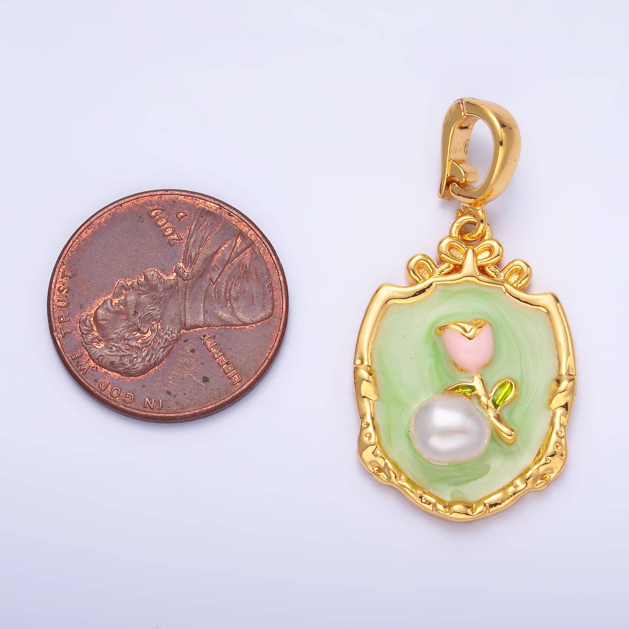 Aim Eternal - Wholesale Individual Charm/Pendant - 24K Gold Filled Green Pink Rose Flower With Pearl Snap Bail Pendant | AA14624