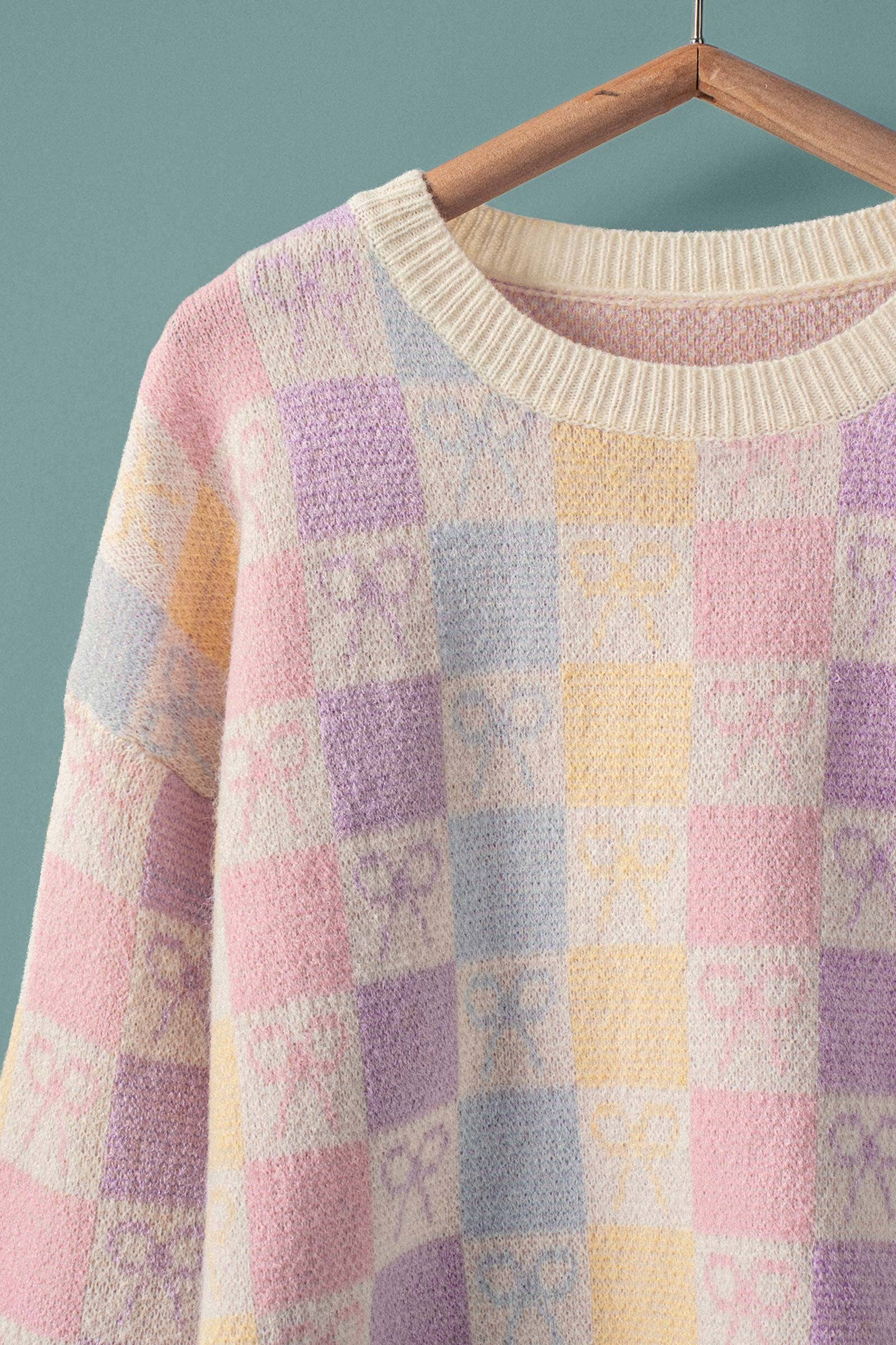 Pastel Checkered Coquette Bow Knit Sweater for wholesale on Faire2