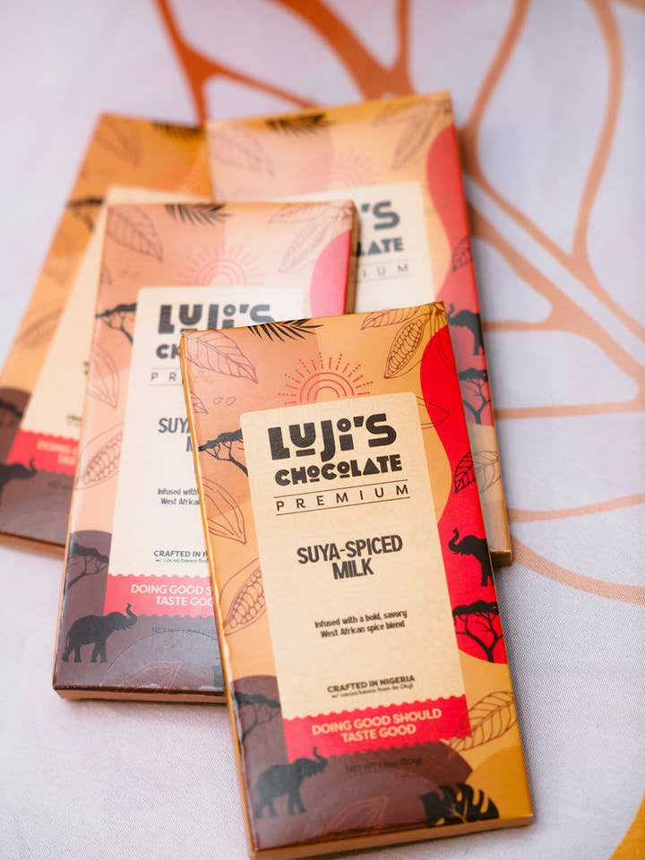 Single-Origin 45% Milk Chocolate Bar – Spicy Suya (50g) for wholesale by Luji's Chocolate