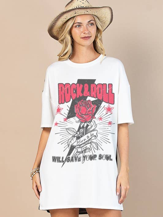 AV1202A-AMBER ROCK & ROLL GRAPHIC COLOR BLOCK T-SHIRT DRESS for wholesale by Avery