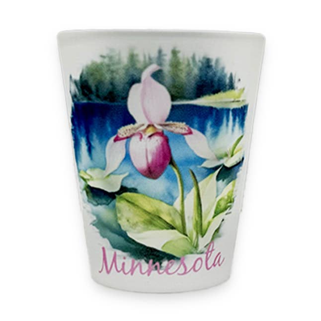 Minnesota Blue Bayou Lady Slipper1.5 oz Frosted Shot Glass for wholesale by Token Atelier