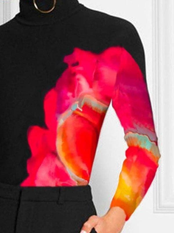 BLACK Contrast Color Printed Long Sleeves Skinny High Neck T-Shirt for wholesale on Faire2