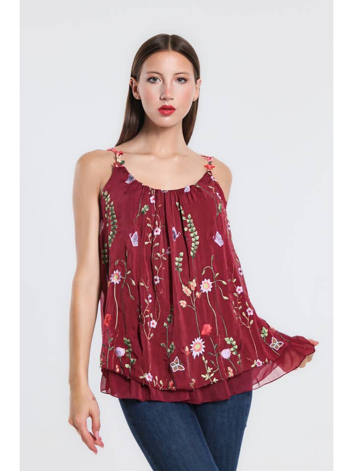 TINA Stephens Italy/Tees By Tina - Wholesale Camisole - Women's - Maria Silk Embroidered Garden Cami (BT202)