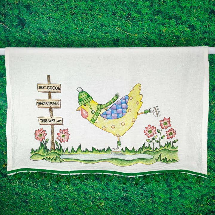 Kitchen Flour Sack Tea Towel - Chicken in Ice Skates for wholesale by Doodles and Fun!