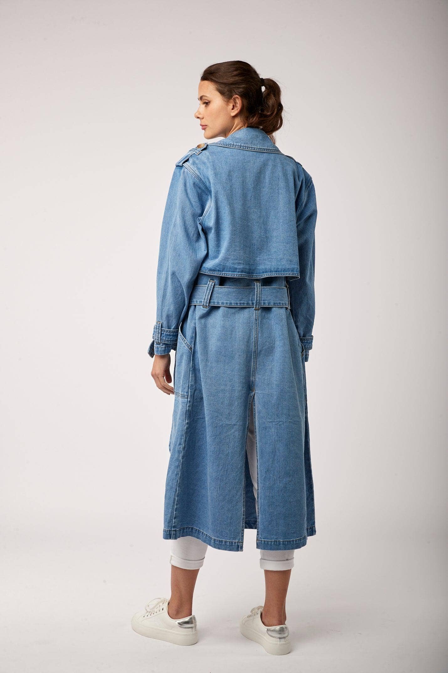 Jean bleu Toxik3 trench long en jean grand col fente arrière en vente sur Faire3