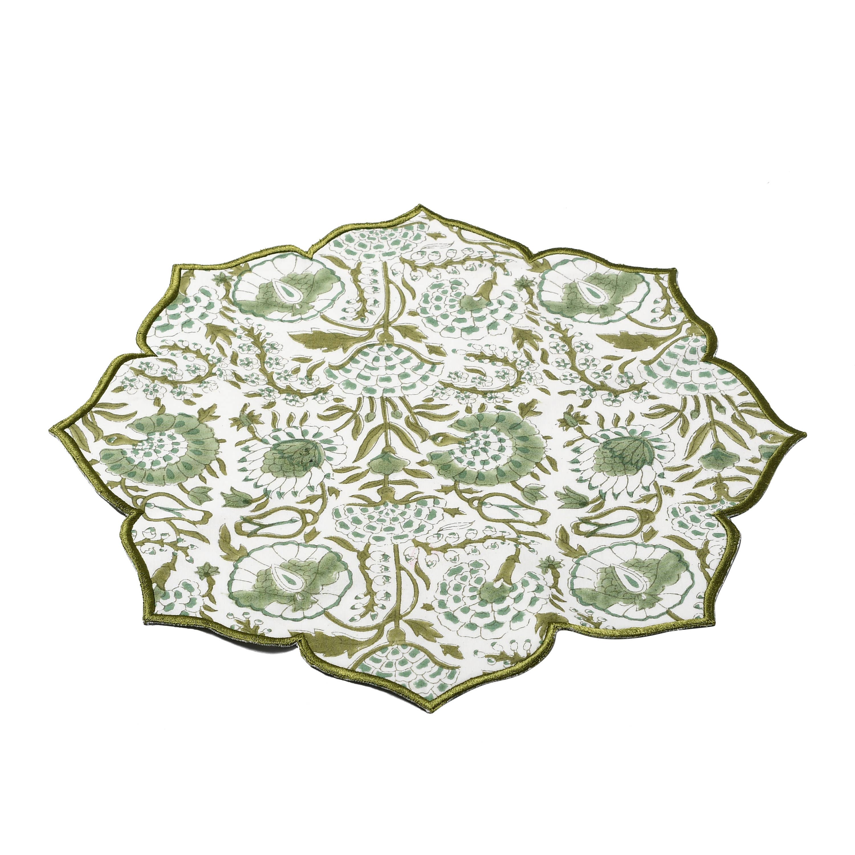 Cotton Print Club - Wholesale Placemat - Agate Green Block Printed Cotton Scalloped Flower Placemat 4