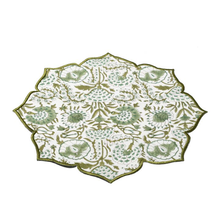 Cotton Print Club - Wholesale Placemat - Agate Green Block Printed Cotton Scalloped Flower Placemat 4