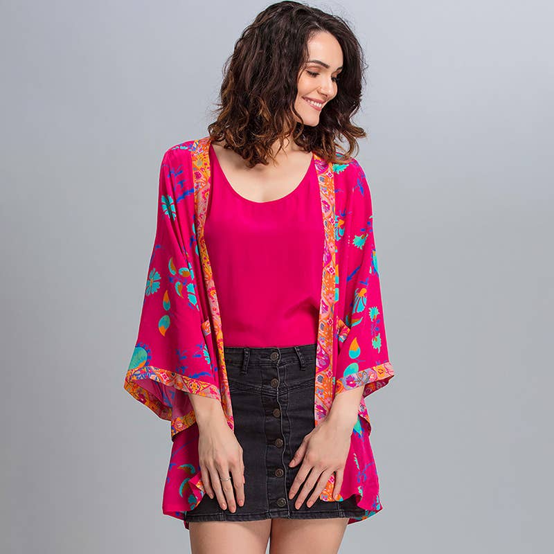 Benares - Vendita all'ingrosso Kimono - Donna - Kimono lungo con tomaia floreale fucsia2