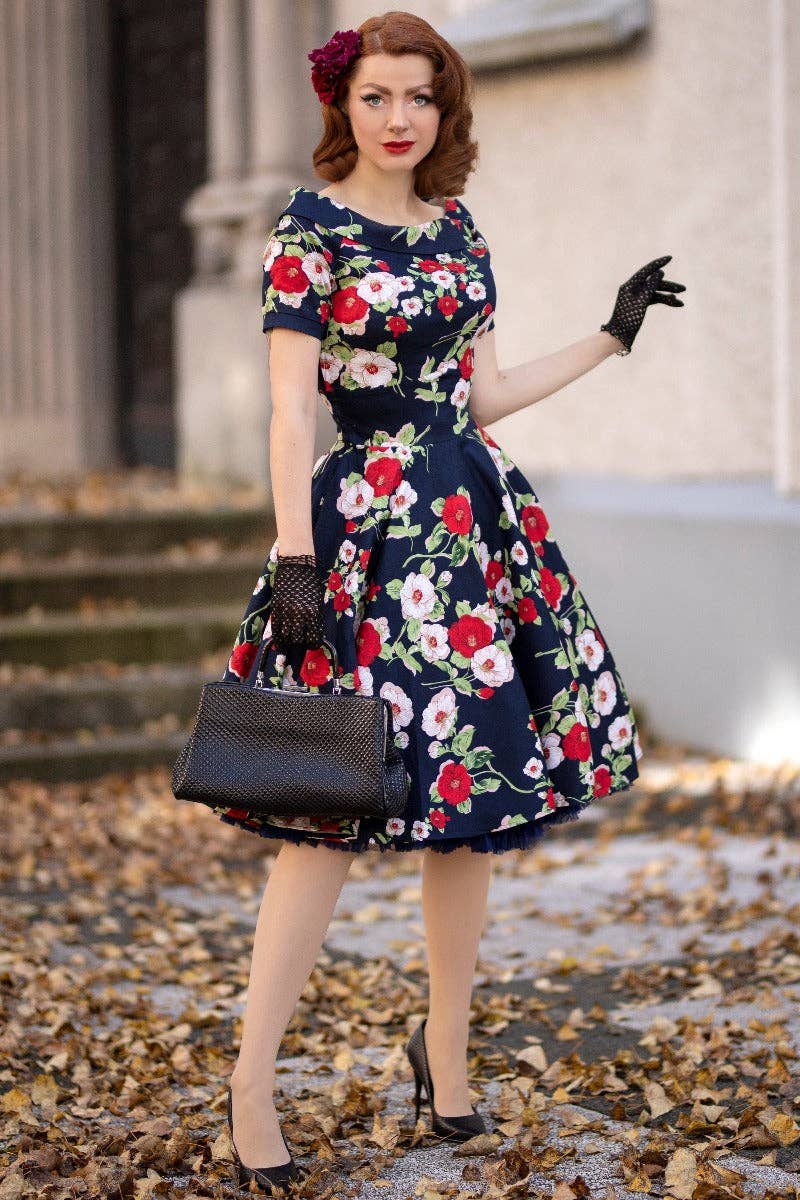 Dolly & Dotty - Wholesale Dress - Women's - Darlene Retro Navy Floral Swing Dress2