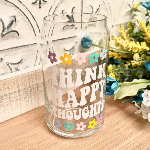 Verre à café glacé Think Happy Thoughts pour la vente par YiaYia’s Nook