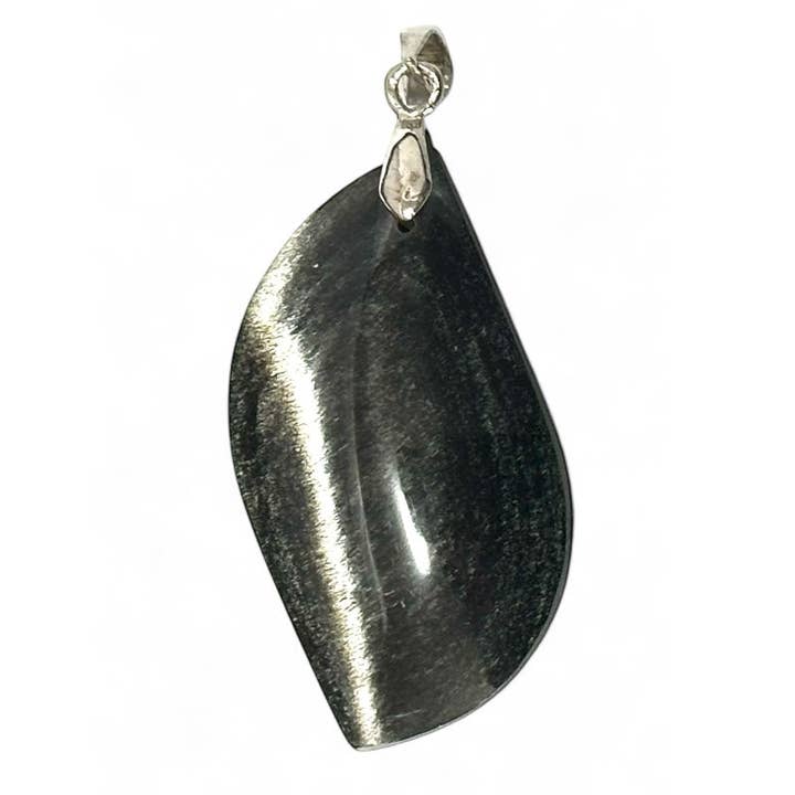 Silver Sheen Obsidian Pendant Mexico AAA Drop Stainless Steel for wholesale by La Boîte à Cailloux