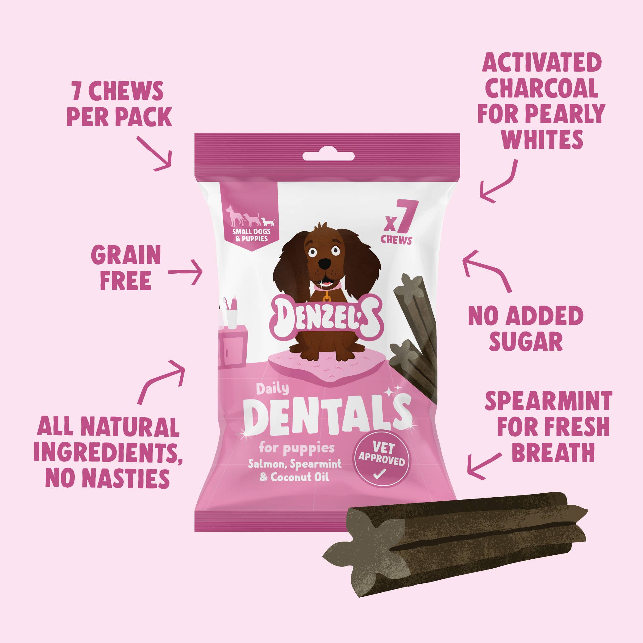 Denzel's - Healthy Dog Treats - Wholesale Pet Treats - Dog - Daily Dentals for Small Dogs/Puppy: Salmon 91g (Case of 10)2