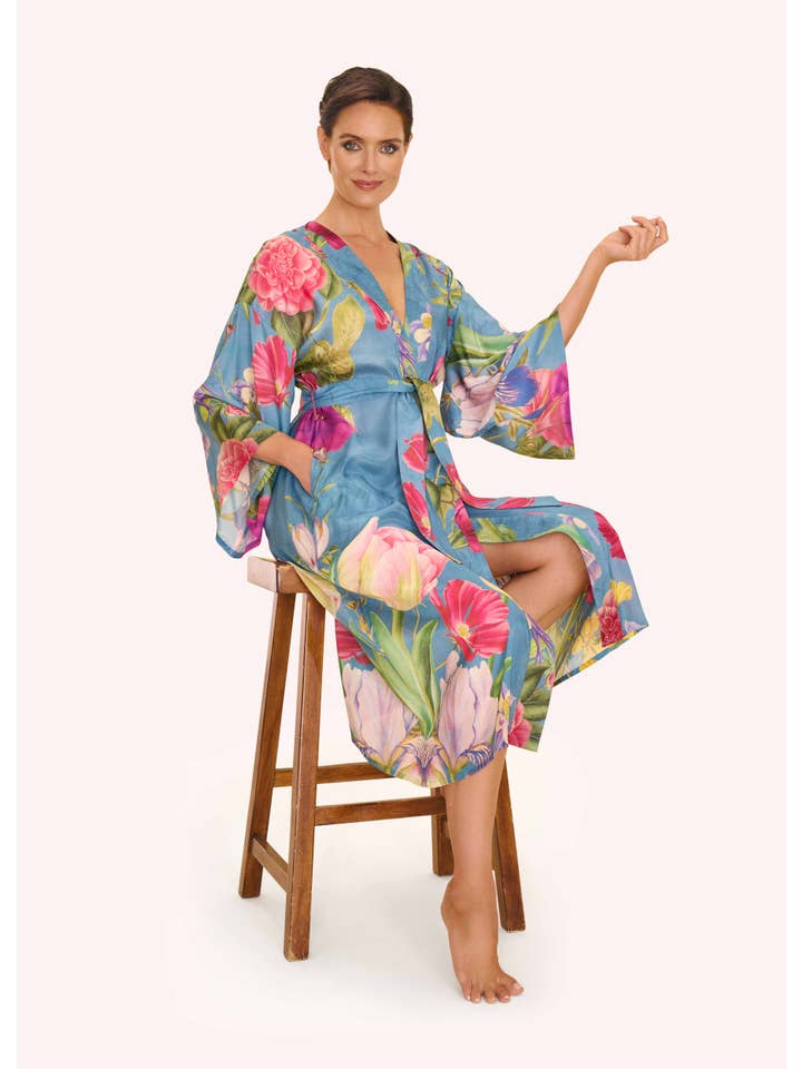 Blue Kimono Gown - Floral Study - Denim for wholesale on Faire