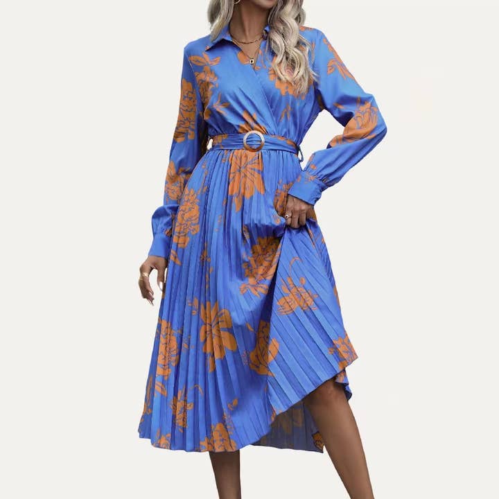 Charming Blue Floral Print Collared Pleated Midi Dress for wholesale by The Moment Collection