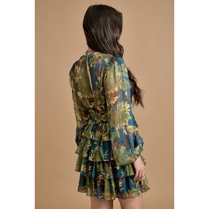 GREEN COMBO Deep V Neck Ruffled Mini Dress for wholesale on Faire5