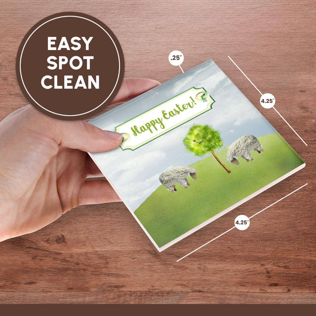 3dRose - Wholesale Coasters - 3dRose, Sheep Eating Grass, Tree with Bird, Happy Easter on Button Tag, Coaster6