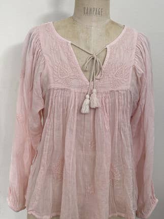 Blue Boheme - Wholesale Blouse - Women's - Mylene Embroidered Tunic Long Sleeves Peach